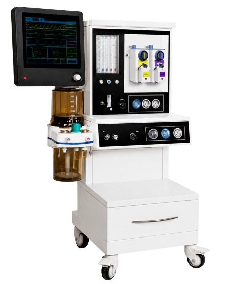 Medical anesthesia workstation on white backdrop